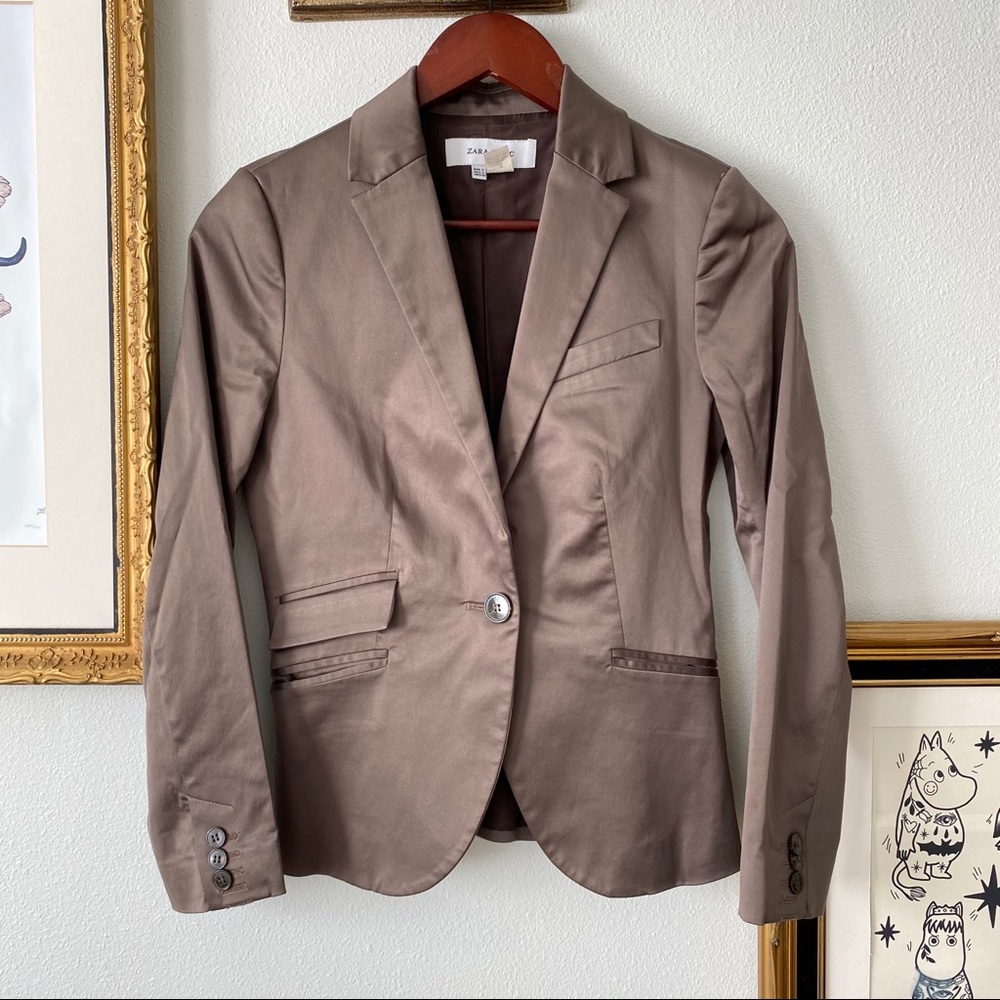 Zara basic satin silvery tan fitted blazer